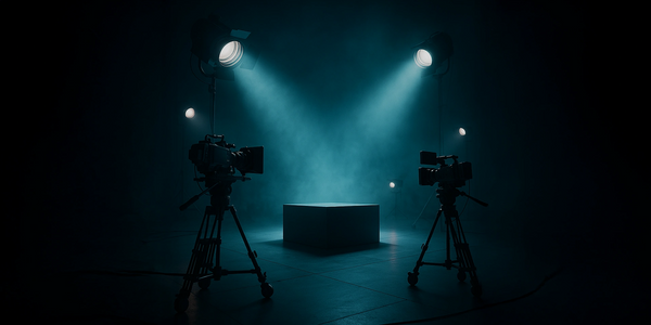 A dimly lit studio with cameras and spotlights focused on a central box.