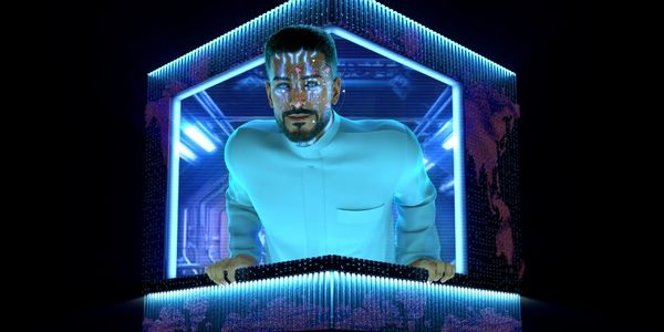 A futuristic man with glowing blue circuit patterns on his face inside a neon-lit hexagonal frame.