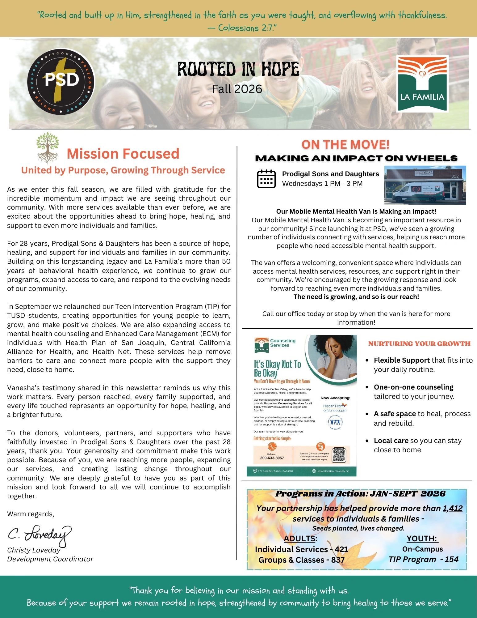 Community-focused newsletter highlighting mental health services and support programs for fall 2026.