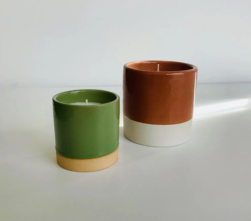 hand-poured soy candles in one-of-a-kind ceramic vessels
