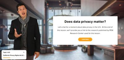 Project screen shot of a man asking the learner 'Does data privacy matter?'