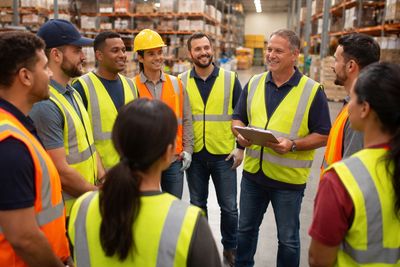 Warehouse workers in safety vests having a team meeting.