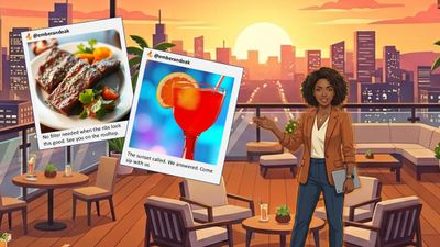 Woman on rooftop bar at sunset with food and cocktail photos.
