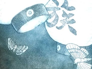 Black and white illustration of butterflies and lanterns.