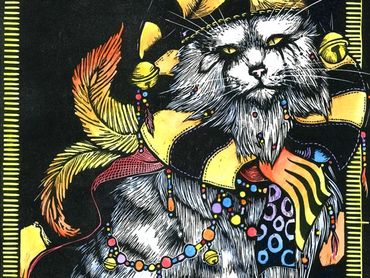 Colorful artistic depiction of a cat with beads and patterns.