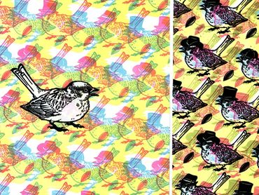Two vibrant bird pattern designs with overlays and accessories.