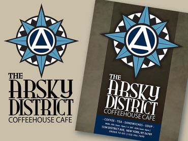 Logo and business card for The Arsky District coffeehouse cafe.