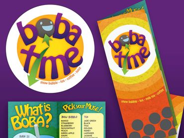 Colorful boba tea menu and flyer with playful fonts.
