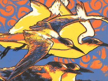 Colorful stylized birds flying with an orange and blue background.