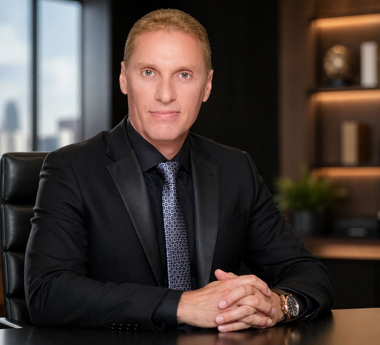 Professional man in a black suit sitting confidently at a desk.