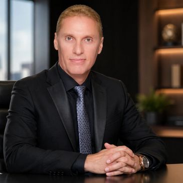 Confident businessman in a black suit sitting at a desk.