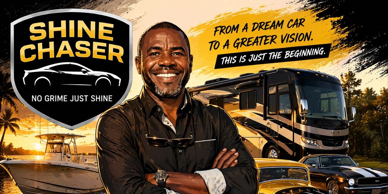 Smiling man stands confidently with luxury vehicles and RV at sunset under the Shine Chaser logo.