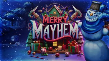 Angry snowman reaching out, generated text that says Merry Mayhem on a snowy background.