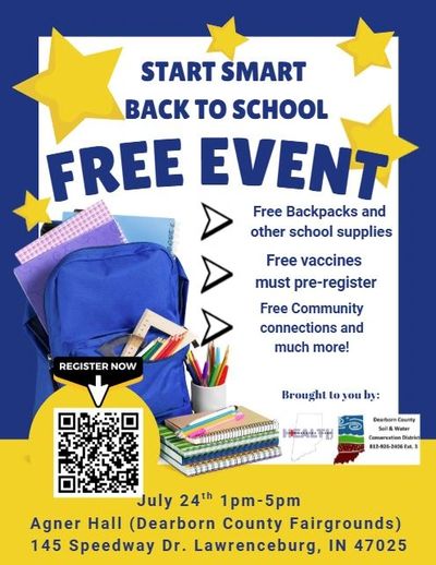 Flyer for a free back-to-school event with supplies, vaccines, and community connections.
