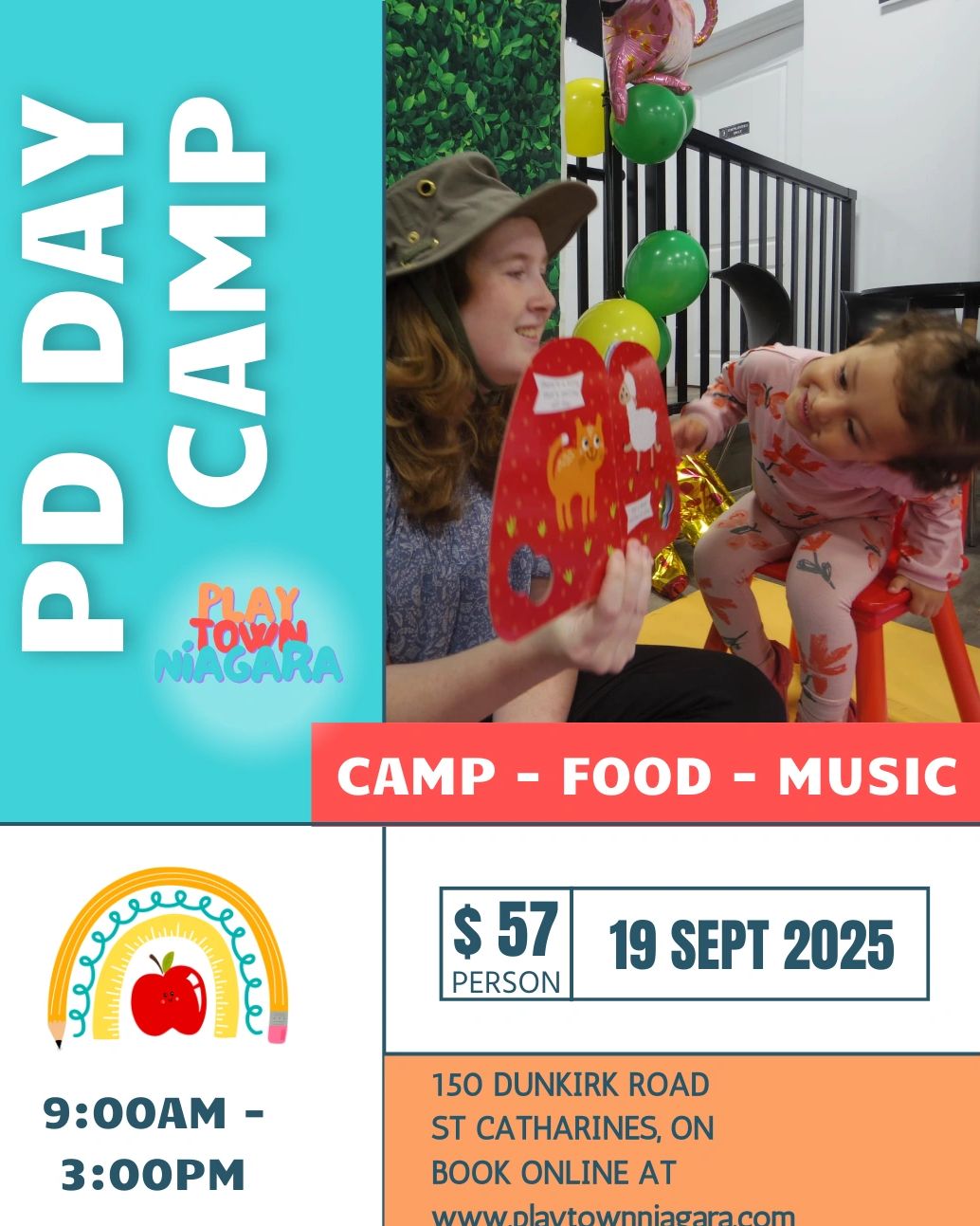 Playtown Niagara PD Day Camp in St. Catharines with supervised activities, food, and music for kids.