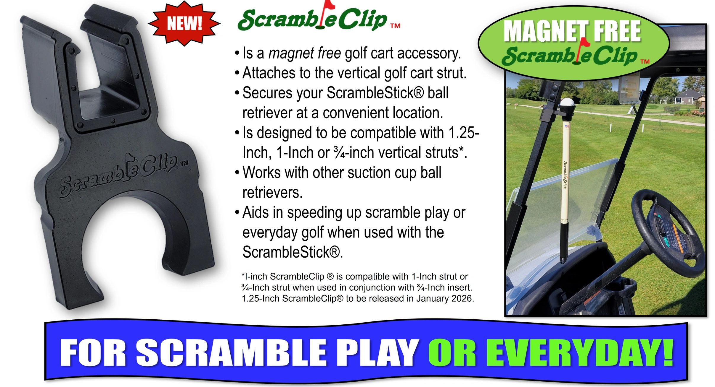1.25-Inch ScrambleClip holder ScrambleStick on a golf cart scramble stick ball retriever Made in USA