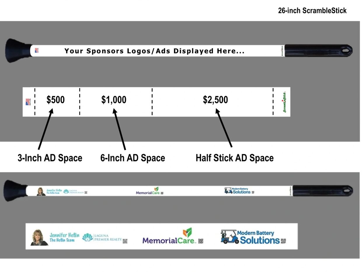 Diagram showing sponsor advertising space and pricing on a 26-inch Scramble Stick.