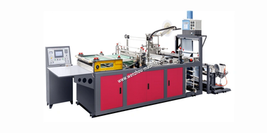 High-tech automatic bag making machine with control panel and red base.