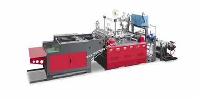 Industrial red and gray packaging machine for automated production.