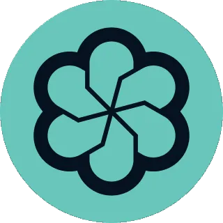 A stylized black flower-like logo on a turquoise circular background.