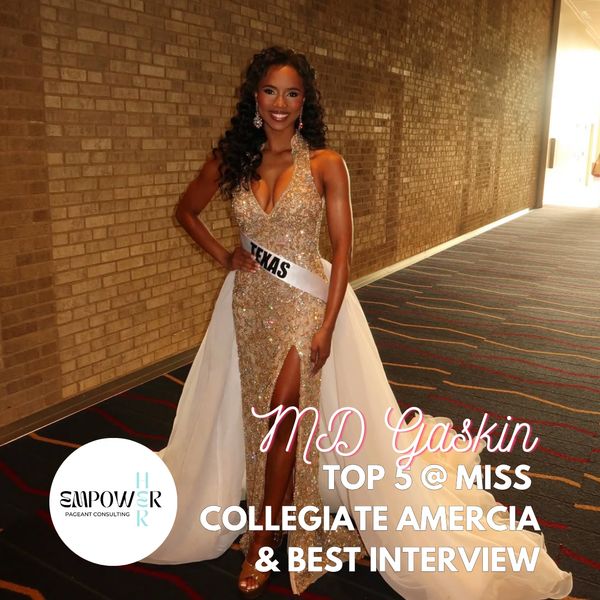 Woman in gold gown with Miss Texas sash.