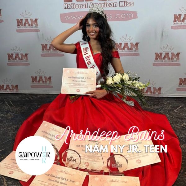 Girl crowned Miss New York Jr. Teen sitting in red gown with awards.