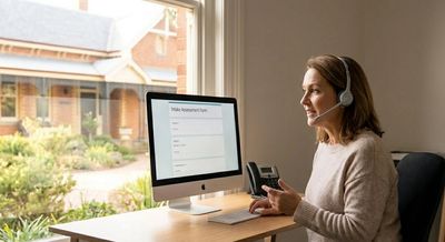 Melbourne addiction intake officer at desk talking on telephone.