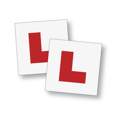 Two learner driver L plates with bold red L on white background.
