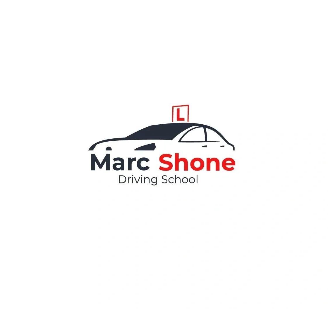 Logo for Marc Shone Driving School featuring a car silhouette and learner driver sign.