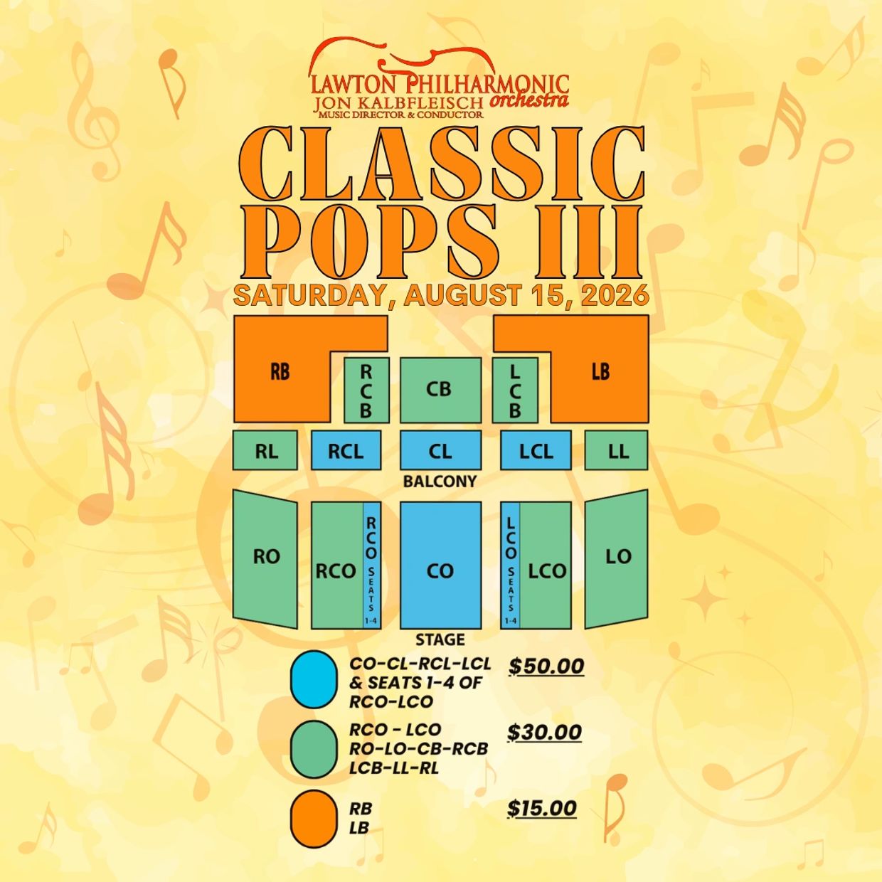 Seating chart and ticket prices for Lawton Philharmonic's Classic Pops III concert on August 15, 2026.
