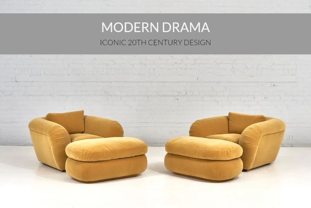 Pair of Jay Spectre lounge chairs and ottomans in golden mohair, 1990 