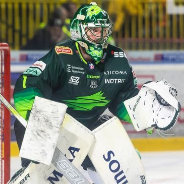 Ice hockey goalie in green and black gear ready to block a shot.
