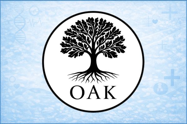 Black oak tree logo with roots on a light blue background.