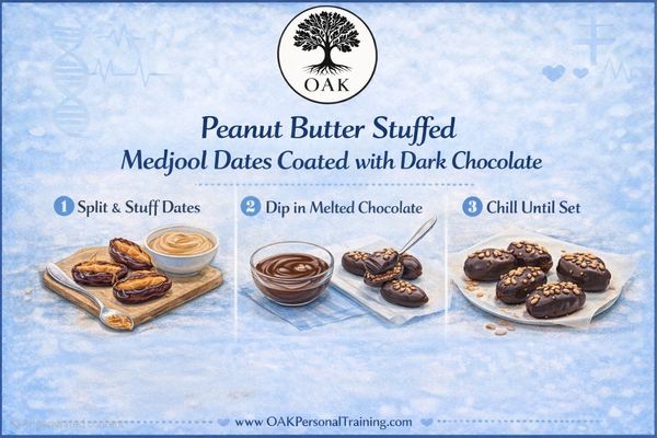 Step-by-step guide for peanut butter stuffed Medjool dates coated in dark chocolate.