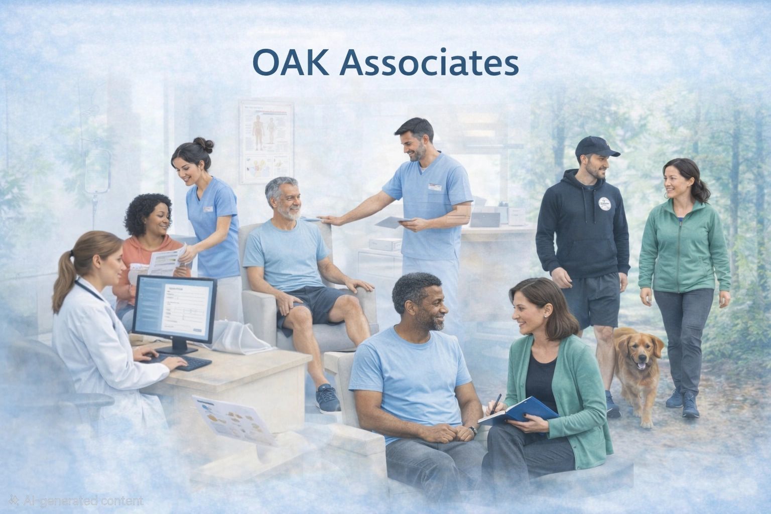 Healthcare professionals and patients engaging in friendly, supportive interactions at OAK Associates.