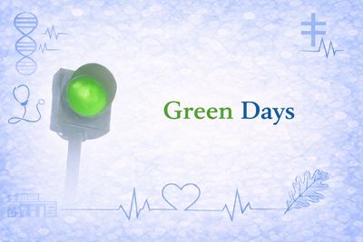 Green traffic light with medical icons and 'Green Days' text.