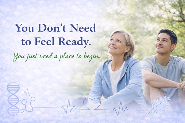 Inspirational message about starting without feeling ready, featuring two thoughtful people outdoors.