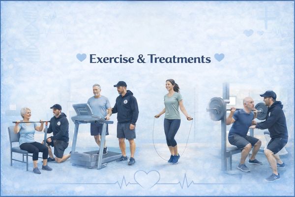 Various people engage in exercise and physical therapy under guidance.