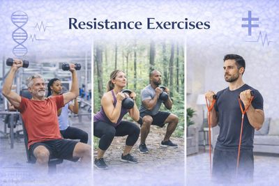 People performing various resistance exercises with weights and bands.