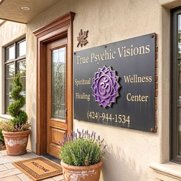 Entrance to True Psychic Visions Spiritual Healing Wellness Center with plants and welcome mat.