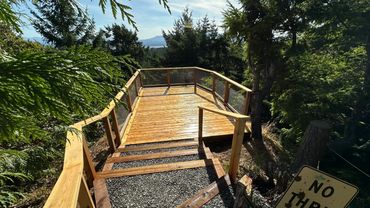 Wooden deck platform with railing in a forested mountainous area.