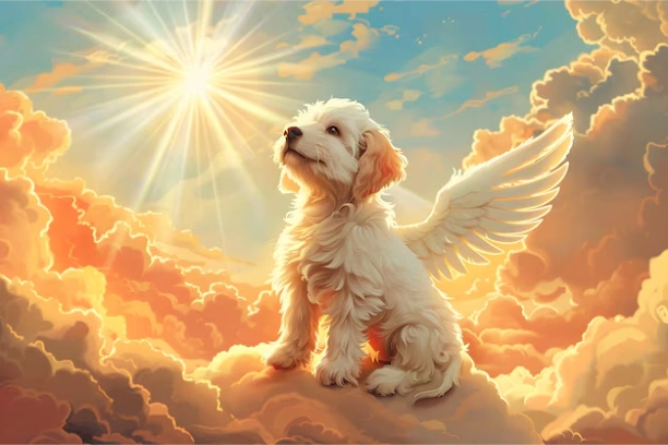A fluffy white puppy with angel wings sitting on glowing clouds under a radiant sun.