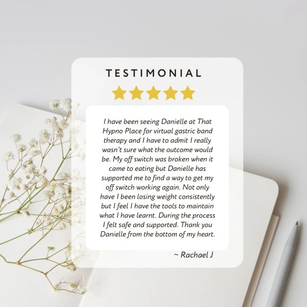 Five-star testimonial praising Danielle's support in virtual gastric band therapy.