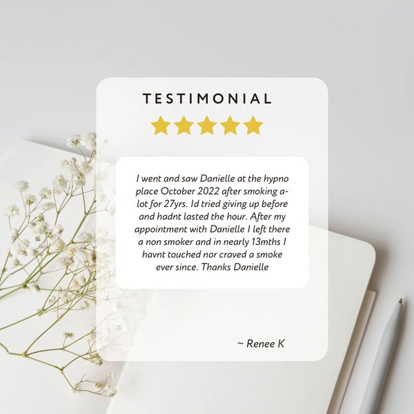 Five-star testimonial praising hypnotherapy for smoking cessation.