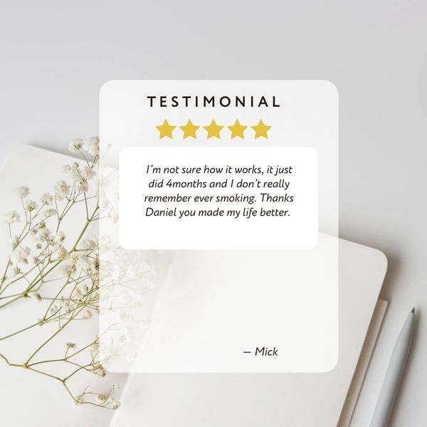Five-star testimonial praising smoking cessation success.