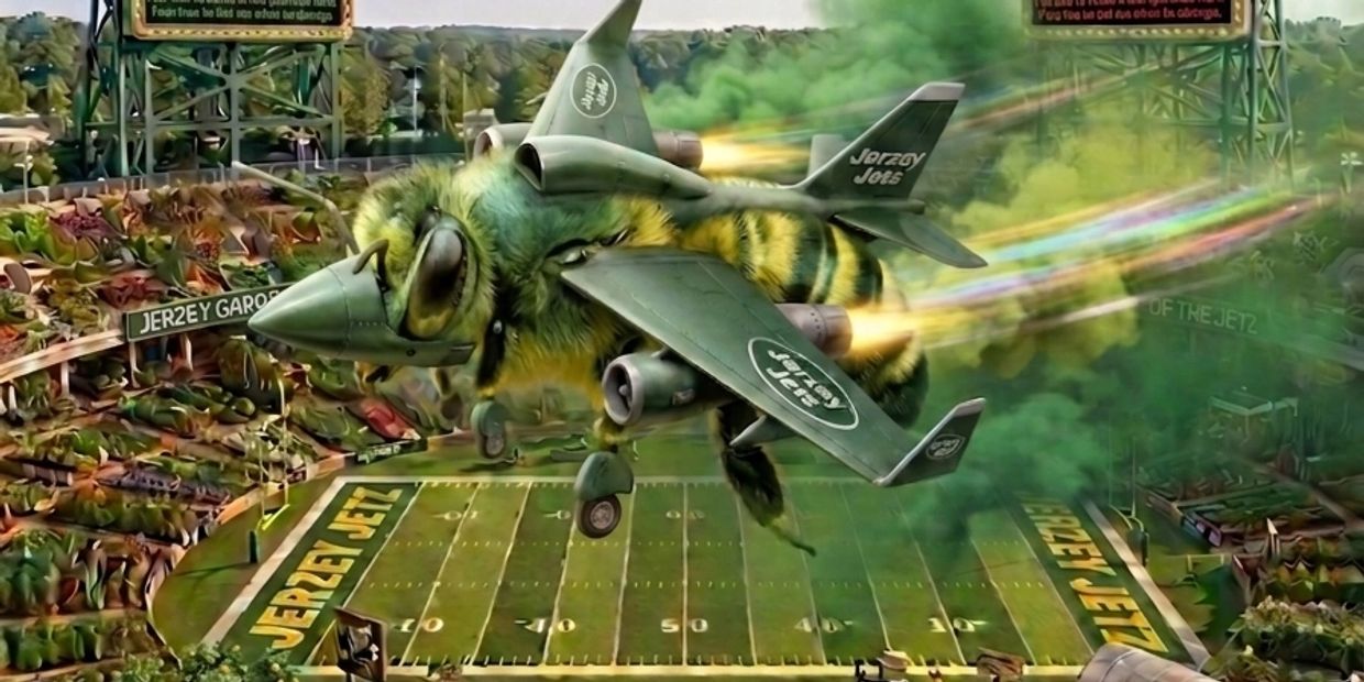 Bee blended with a jet flying over a stadium.