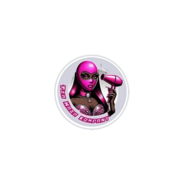 Woman in pink mask holding hairdryer.