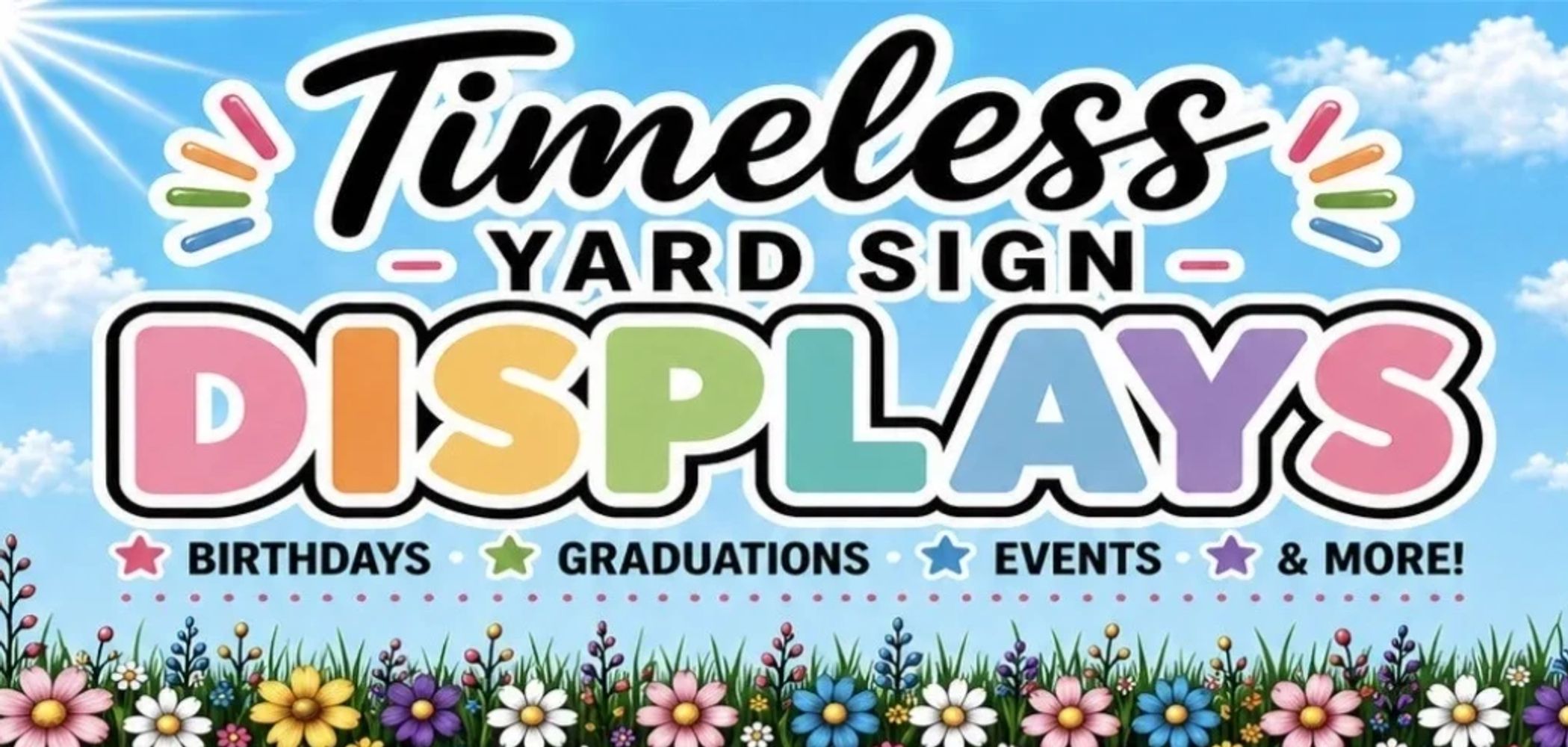 Colorful sign advertising timeless yard sign displays for celebrations.