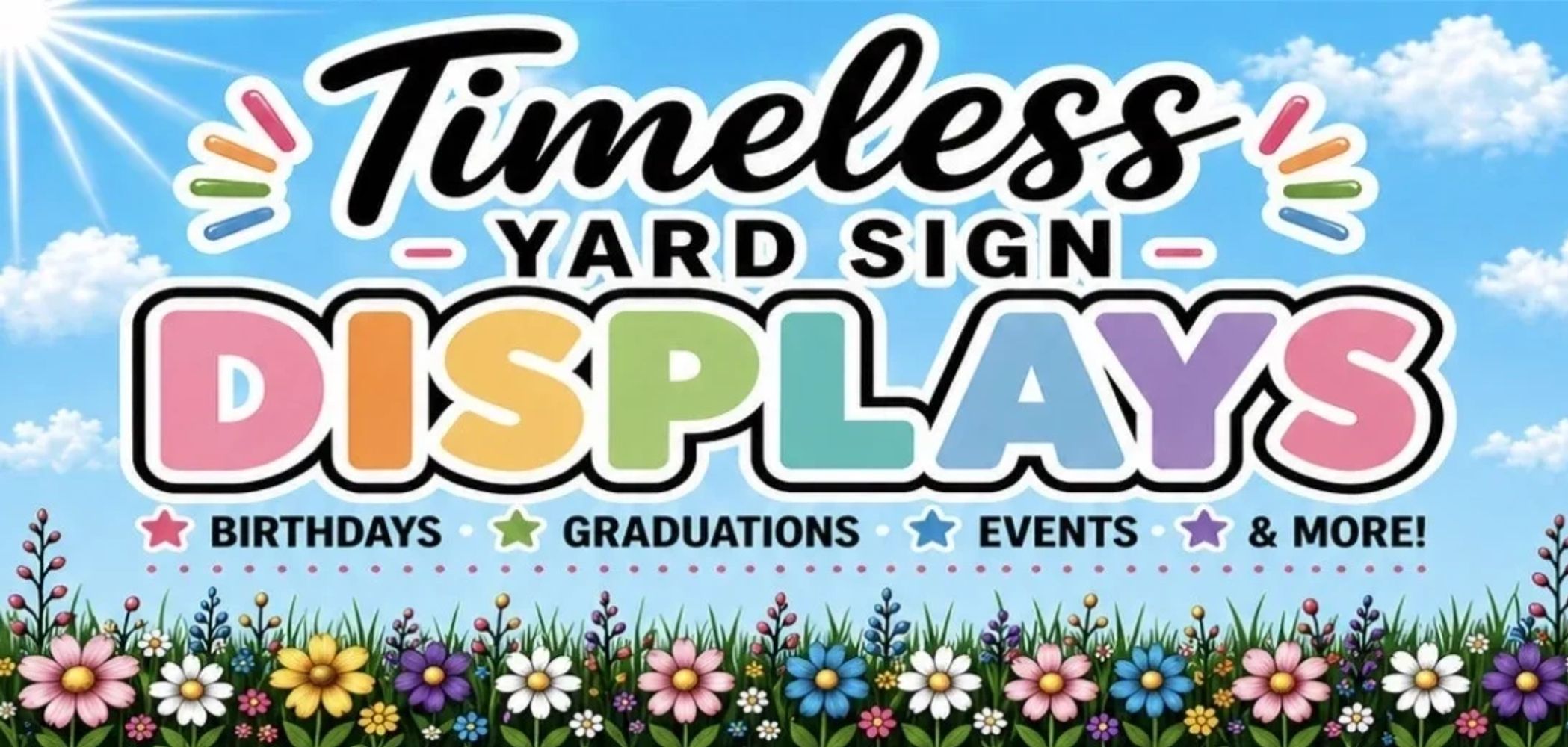 Colorful sign advertising timeless yard sign displays for celebrations.