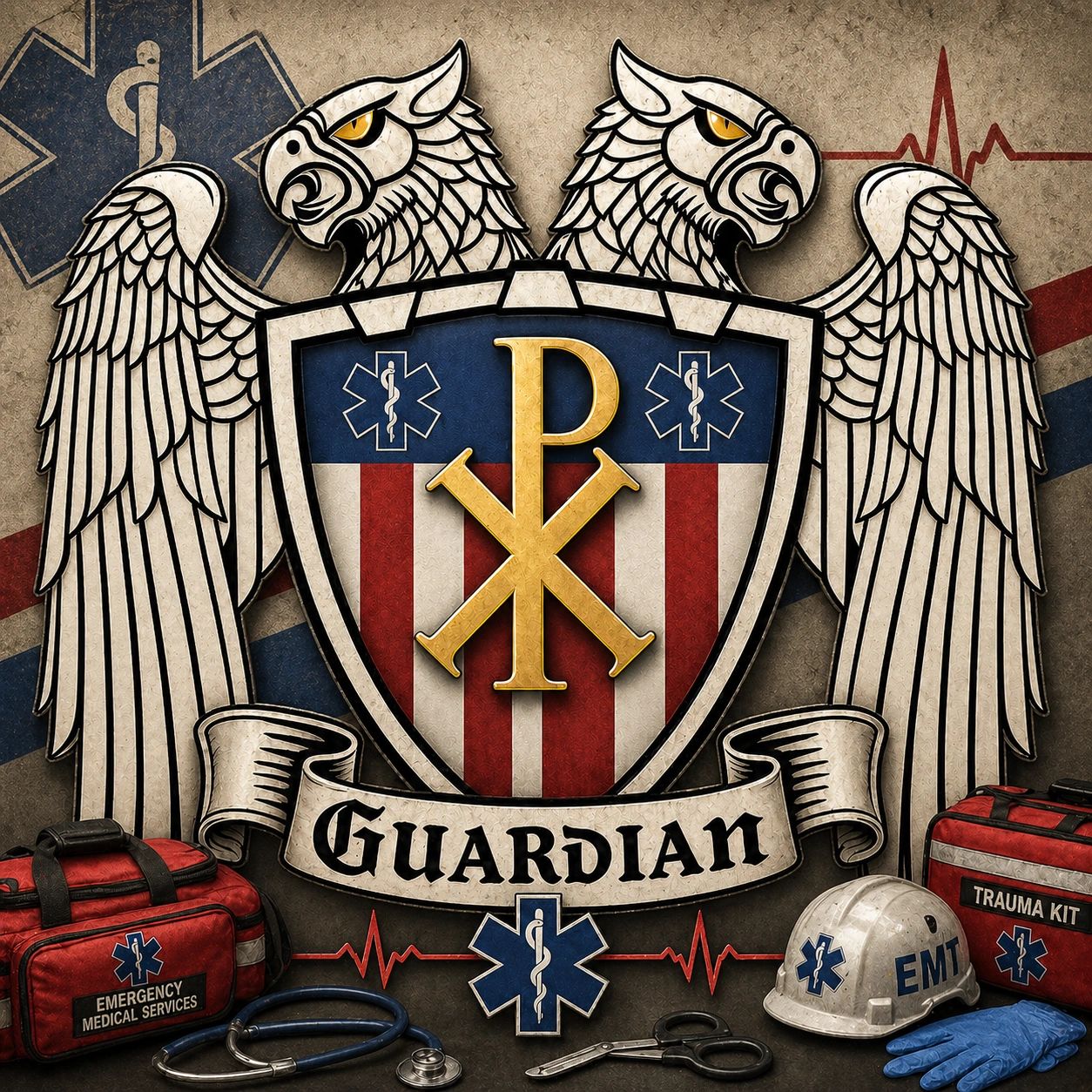 Symbolic guardian emblem with medical and emergency gear.